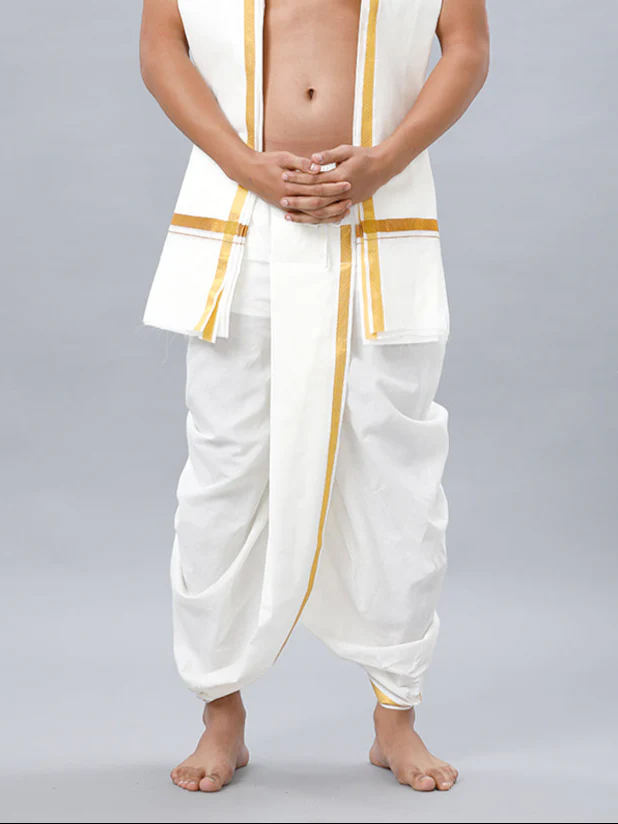 Readymade Cream Panchakacham & Angavastram with Gold Jari Border Aashan - Image 3
