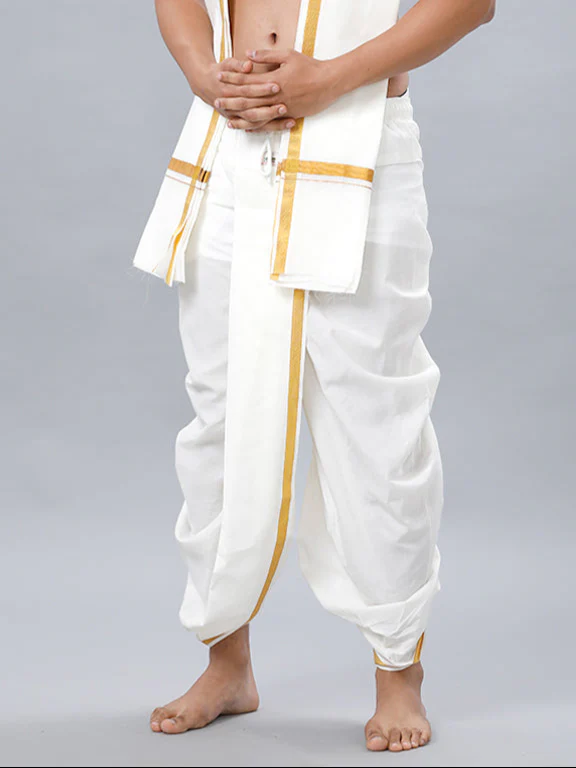 Readymade Cream Panchakacham & Angavastram with Gold Jari Border Aashan - Image 4