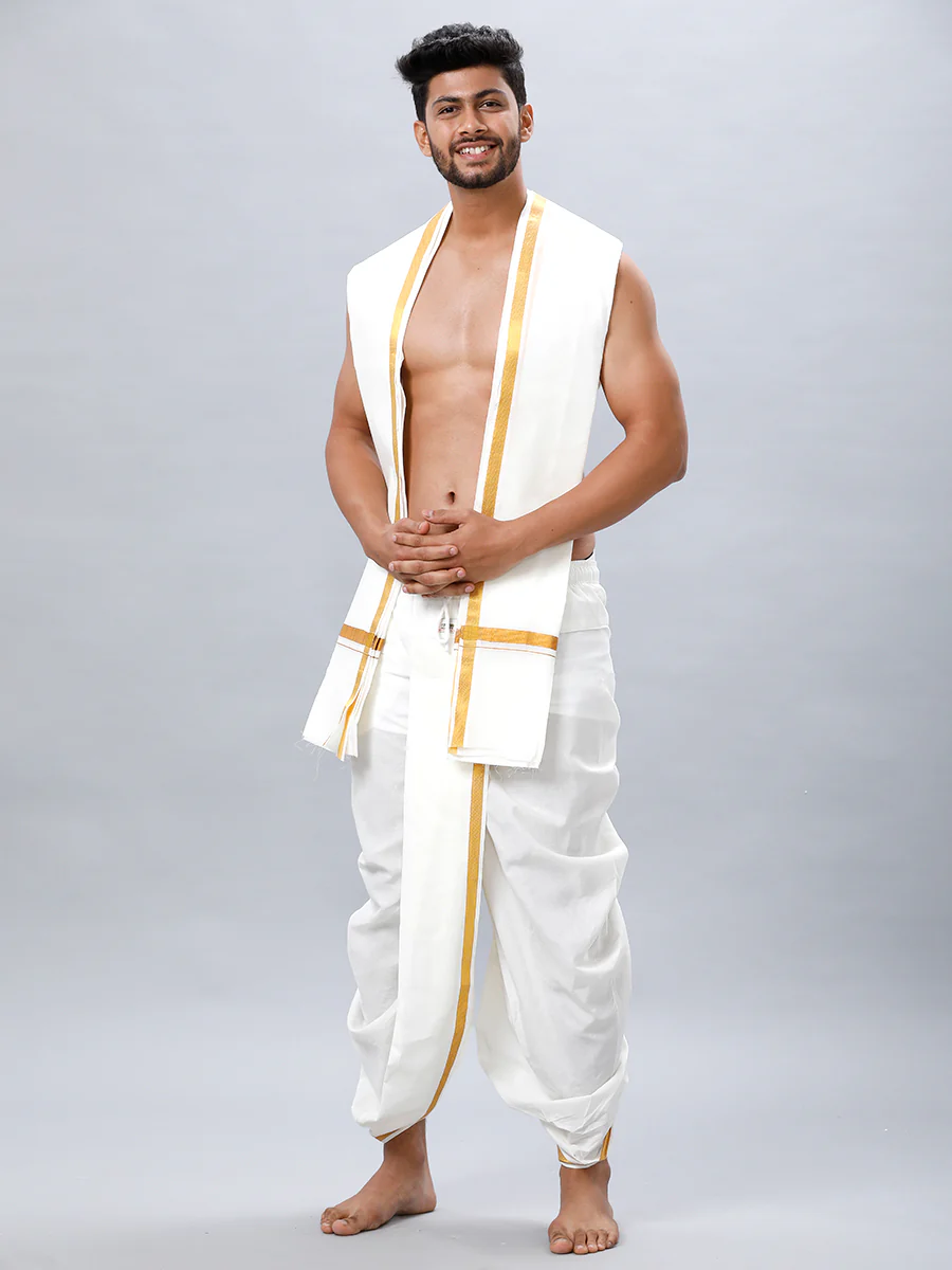 Readymade Cream Panchakacham & Angavastram with Gold Jari Border Prakaspathi - Image 2