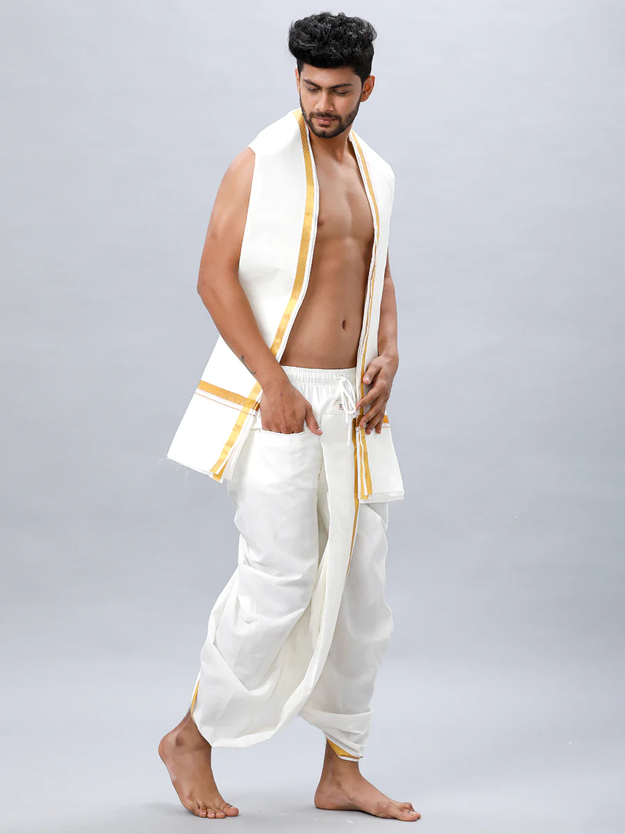 Readymade Cream Panchakacham & Angavastram with Gold Jari Border Prakaspathi - Image 3
