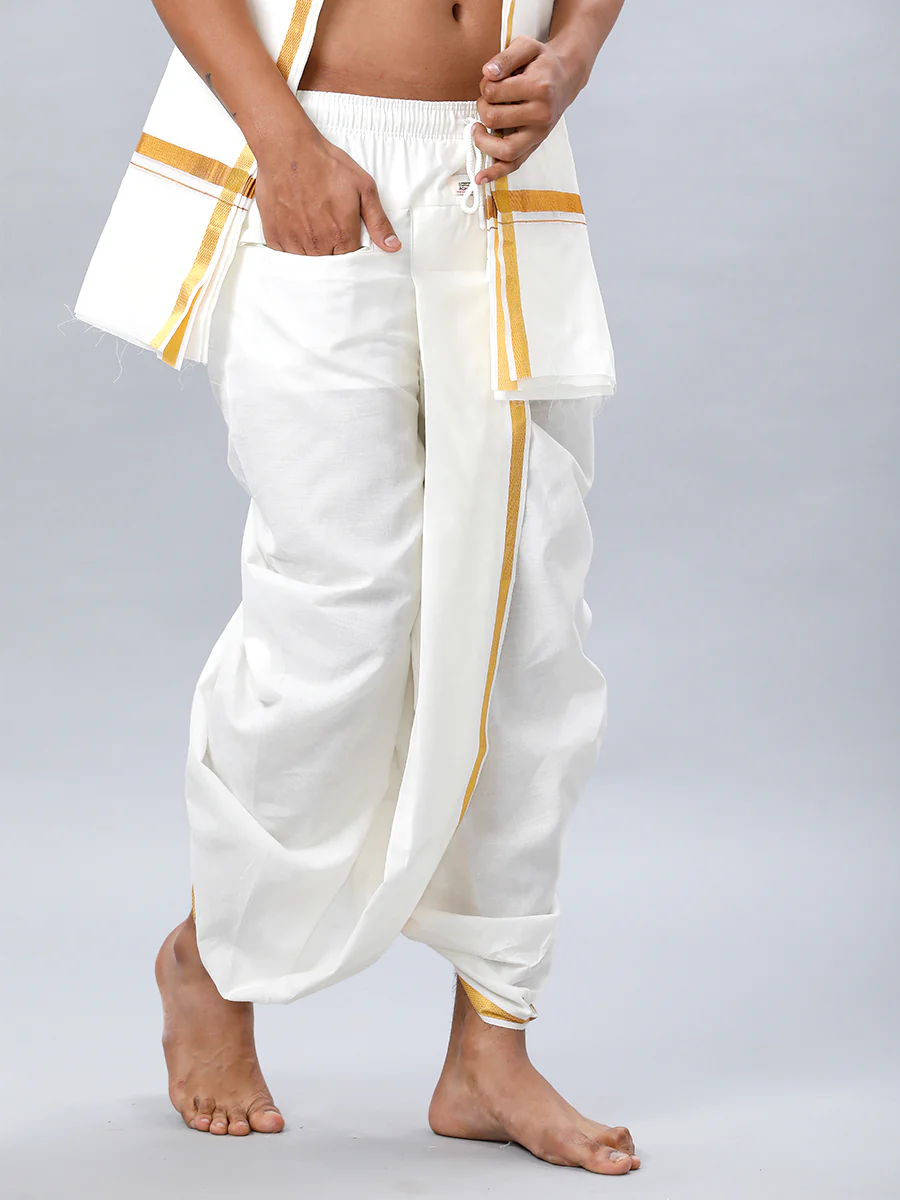 Readymade Cream Panchakacham & Angavastram with Gold Jari Border Prakaspathi - Image 4