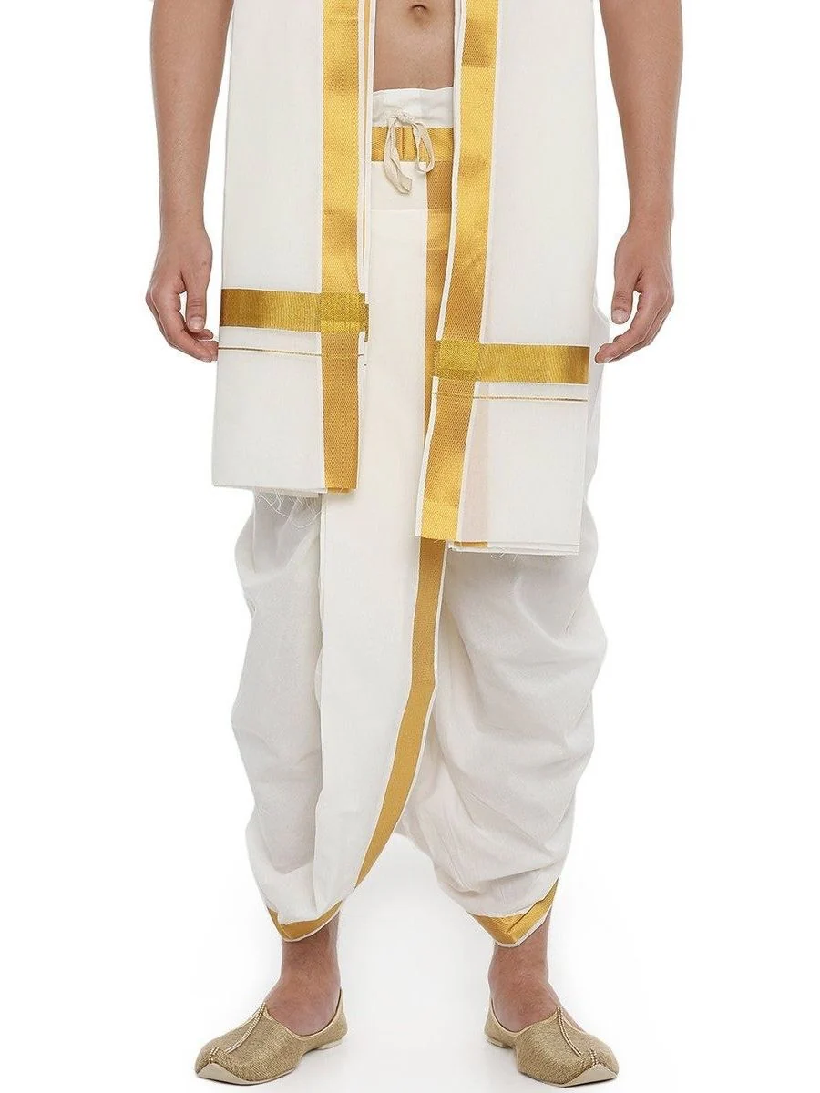 Readymade Cream Panchakacham & Towel with Gold Jari Border - Image 2