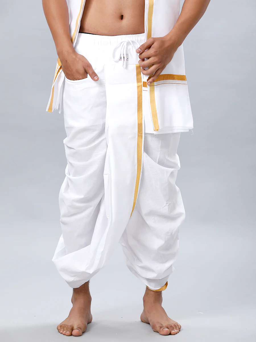 Readymade White Panchakacham & Angavastram with Gold Jari Border Aashan - Image 2
