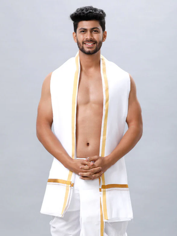 Readymade White Panchakacham & Angavastram with Gold Jari Border Aashan - Image 3