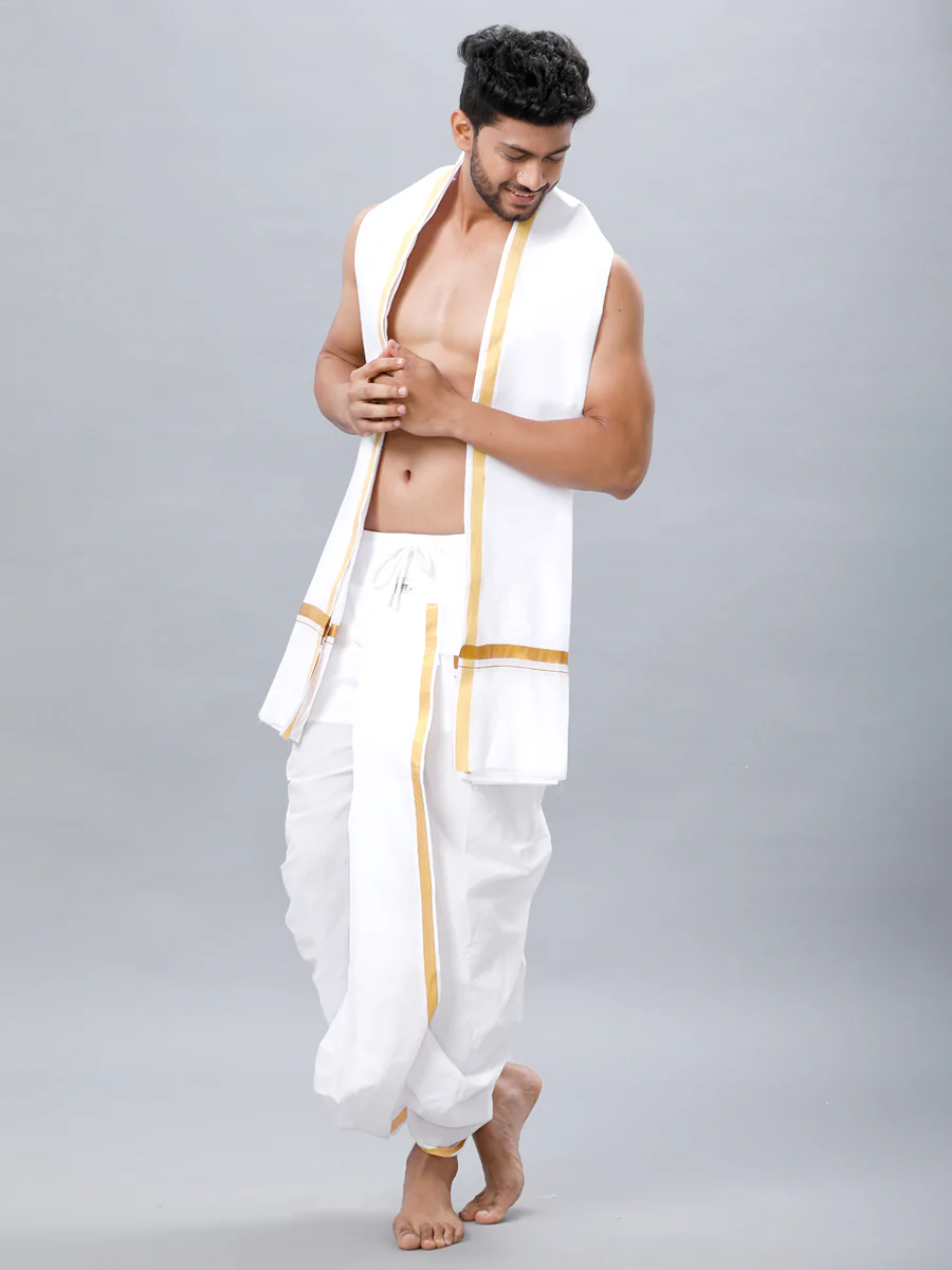 Readymade White Panchakacham & Angavastram with Gold Jari Border Prakaspathi - Image 2