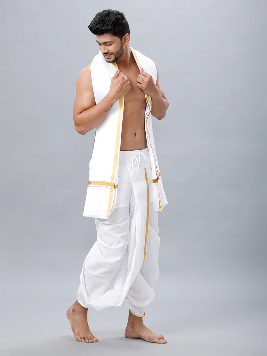 Readymade White Panchakacham & Angavastram with Gold Jari Border Prakaspathi - Image 3