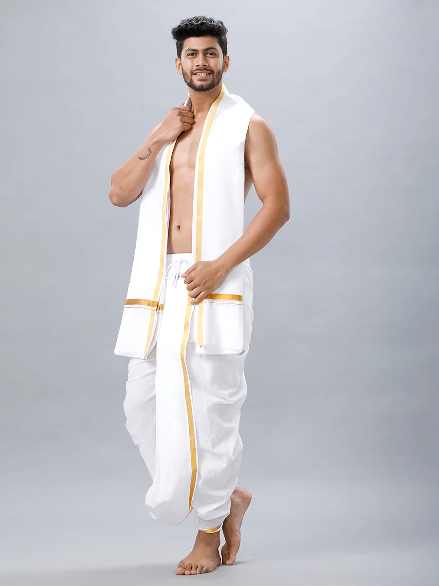 Readymade White Panchakacham & Angavastram with Gold Jari Border Prakaspathi - Image 4