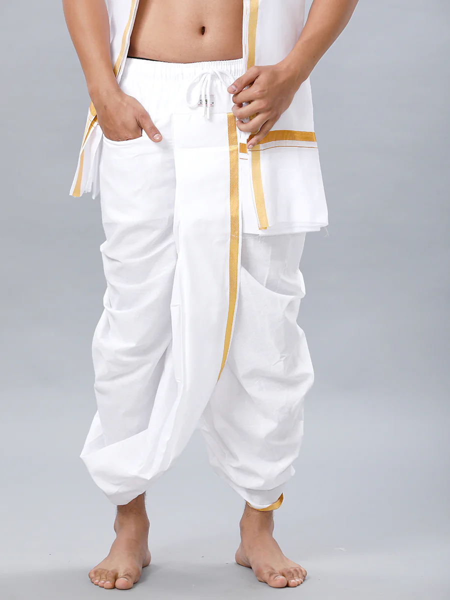 Readymade White Panchakacham & Angavastram with Gold Jari Border Prakaspathi - Image 5
