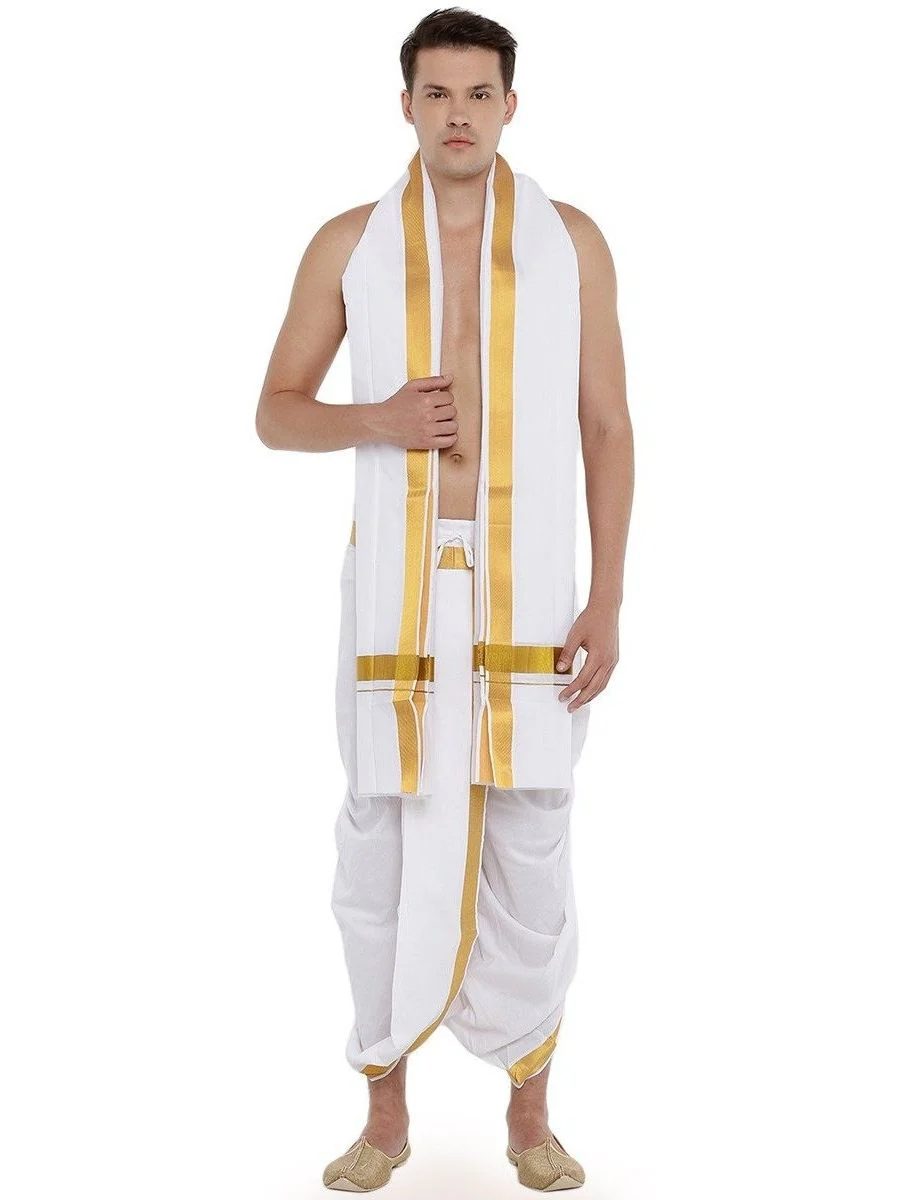 Readymade White Panchakacham & Towel with Gold Jari Border