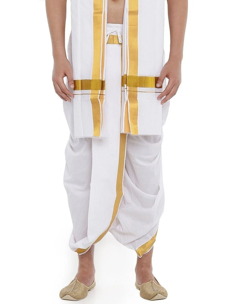 Readymade White Panchakacham & Towel with Gold Jari Border - Image 2