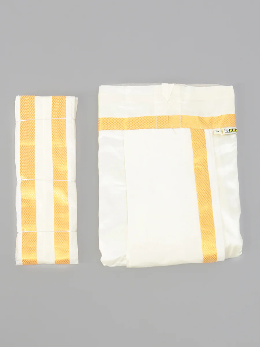 Silk Cream with 3/4" inch Jari Border Readymade Panchakacham & Towel Set - Image 3