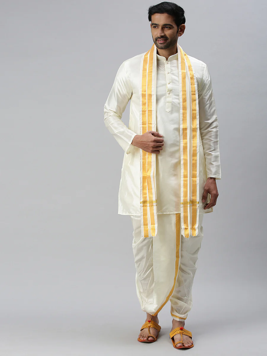 Silk Cream with 3/4" inch Jari Border Readymade Panchakacham & Towel Set - Image 4