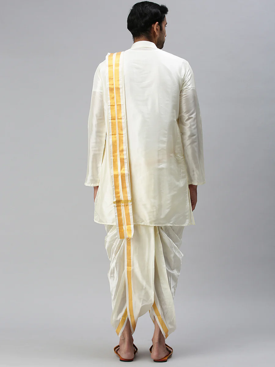 Silk Cream with 3/4" inch Jari Border Readymade Panchakacham & Towel Set - Image 5
