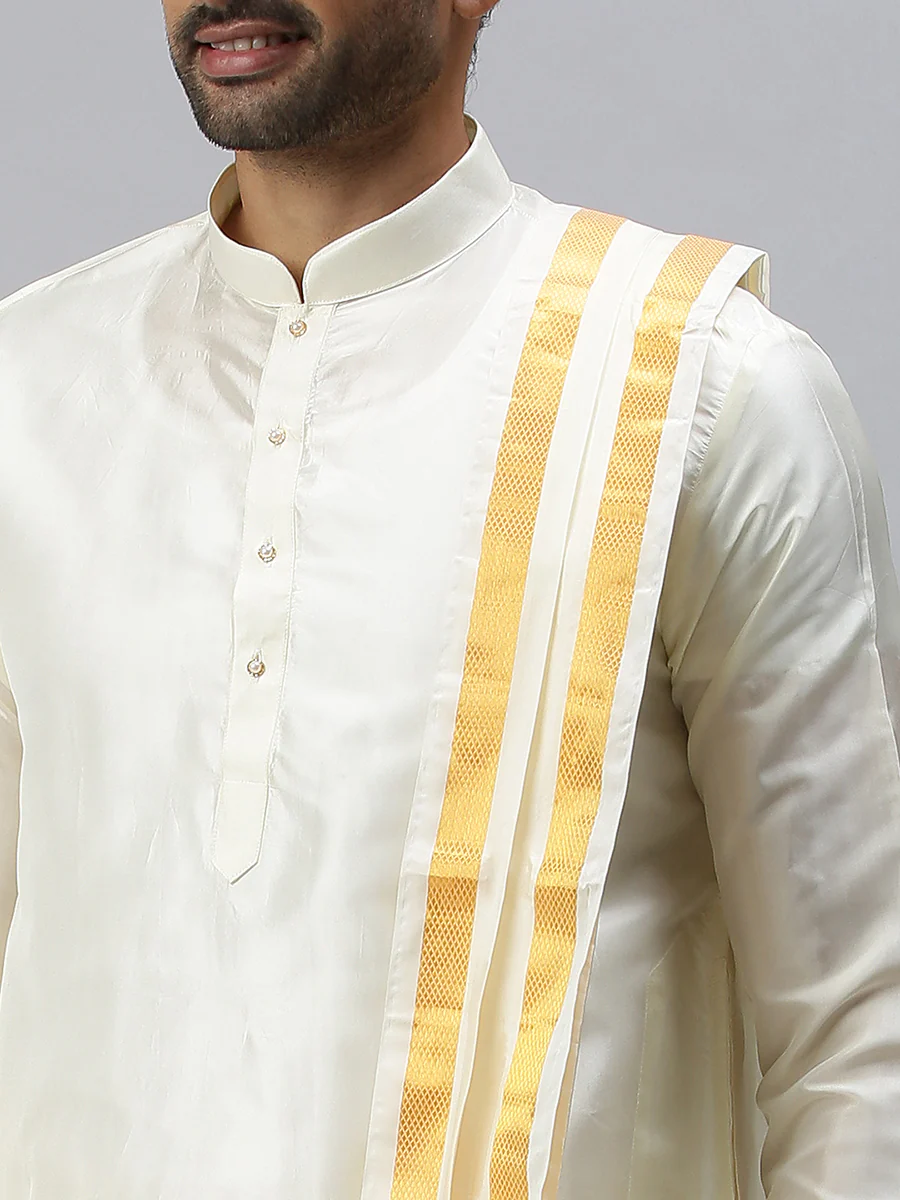 Silk Cream with 3/4" inch Jari Border Readymade Panchakacham & Towel Set - Image 6