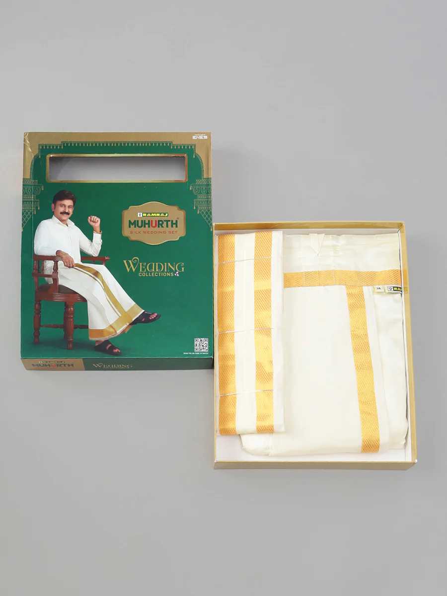 Silk Cream with Gold Jari Border Readymade Panchakacham & Towel Set 60K - Image 2