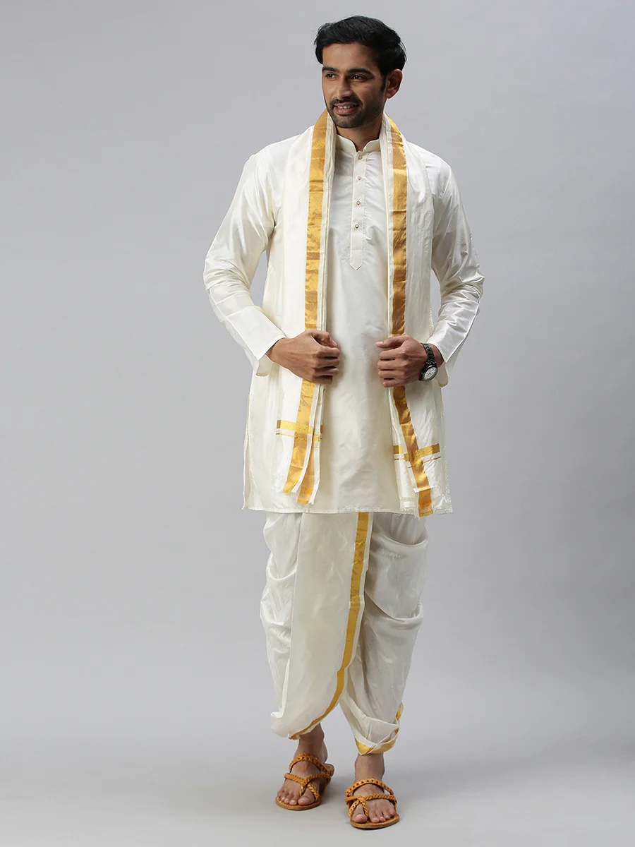 Silk Cream with Gold Jari Border Readymade Panchakacham & Towel Set 60K - Image 3