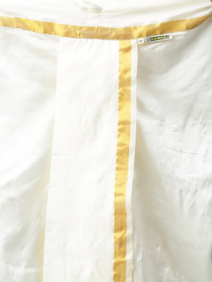 Silk Cream with Gold Jari Border Readymade Panchakacham & Towel Set 60K - Image 5
