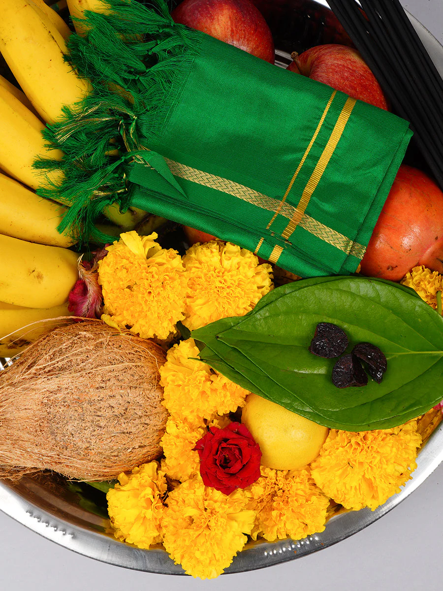 Silk Pooja Towel 4 Mulam Green - Image 3