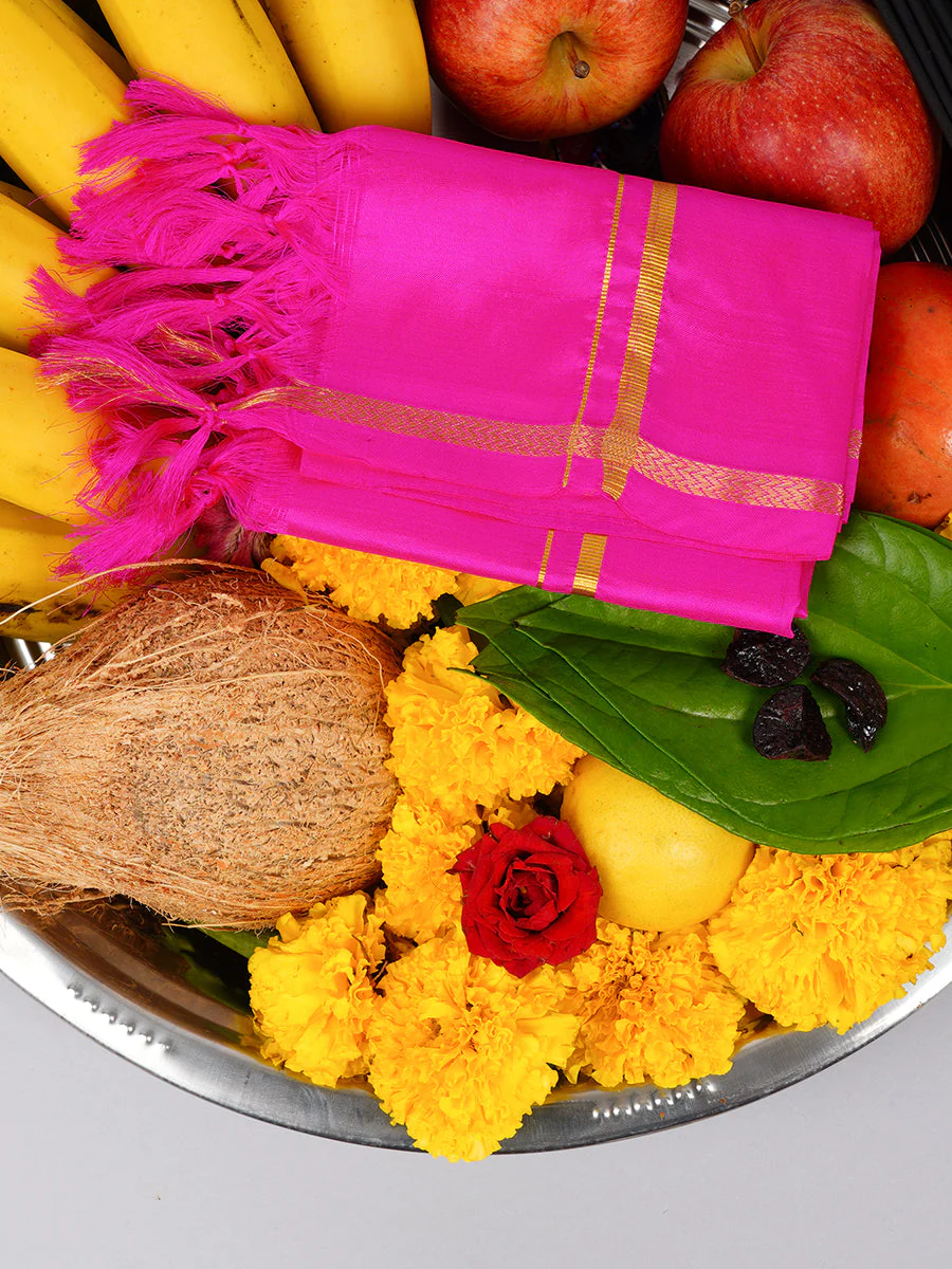 Silk Pooja Towel 4 Mulam Pink - Image 3