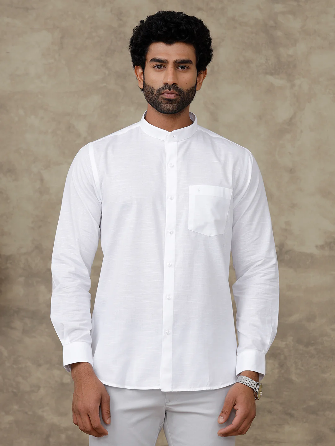 Slub Texture Chinese Collar White Shirt - Craft