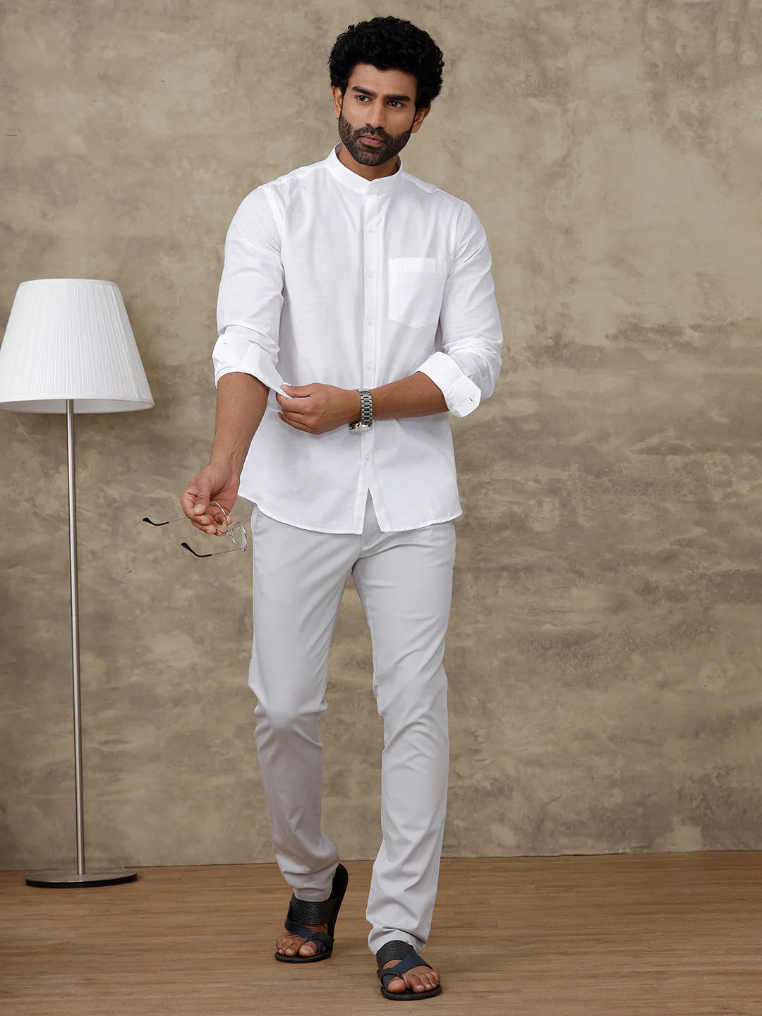 Slub Texture Chinese Collar White Shirt - Craft - Image 6