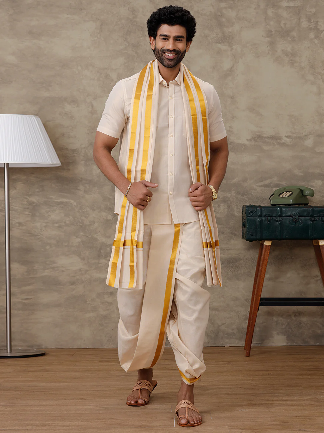 Tissue Readymade Panchakacham with Towel Sets Gold