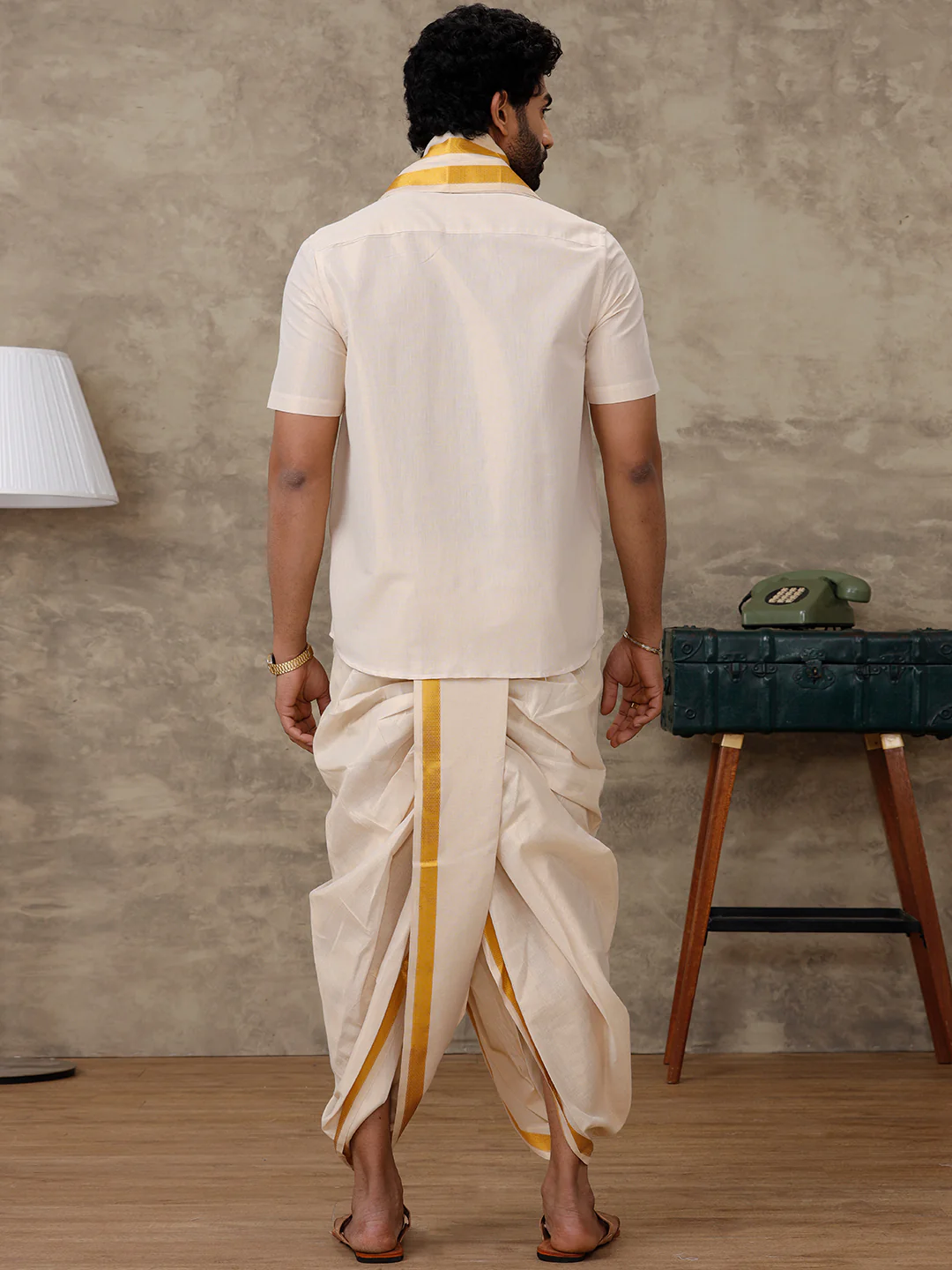 Tissue Readymade Panchakacham with Towel Sets Gold - Image 5