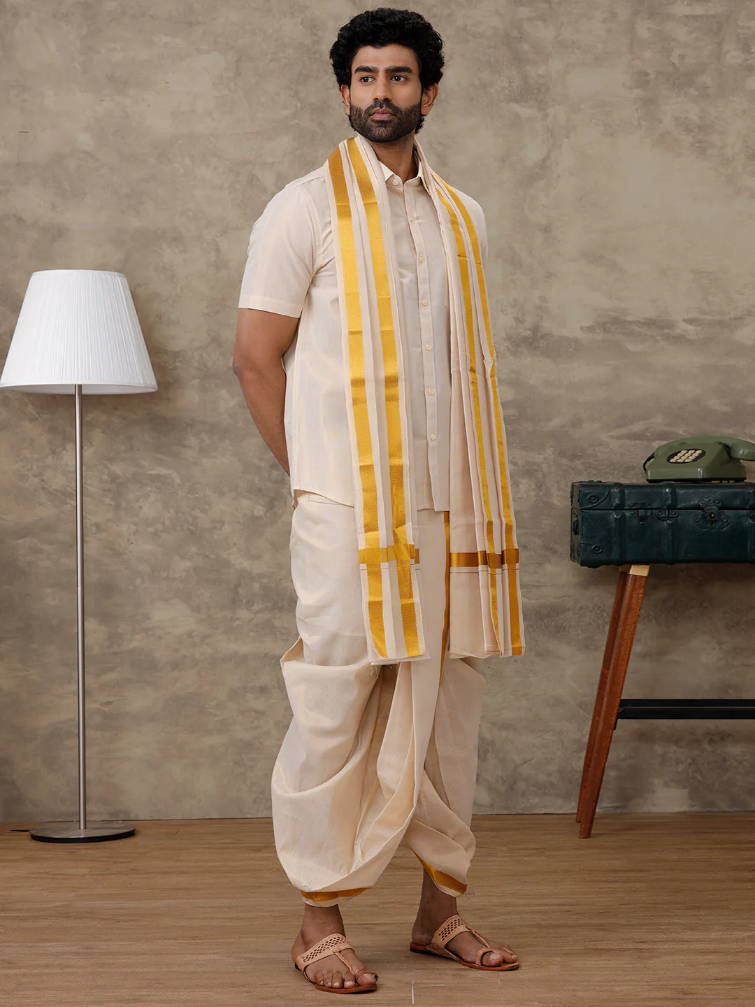 Tissue Readymade Panchakacham with Towel Sets Gold - Image 6