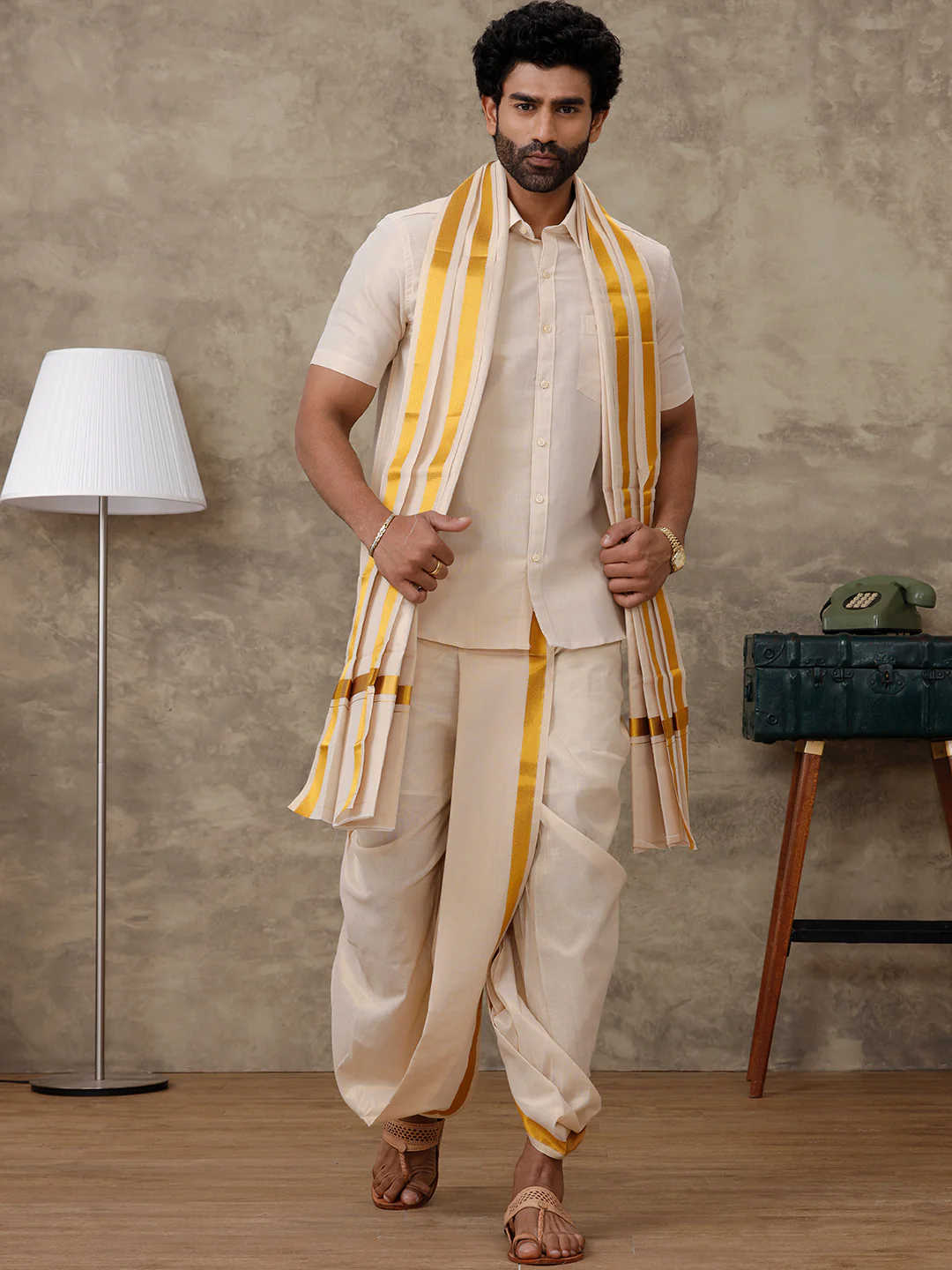 Tissue Readymade Panchakacham with Towel Sets Gold - Image 7