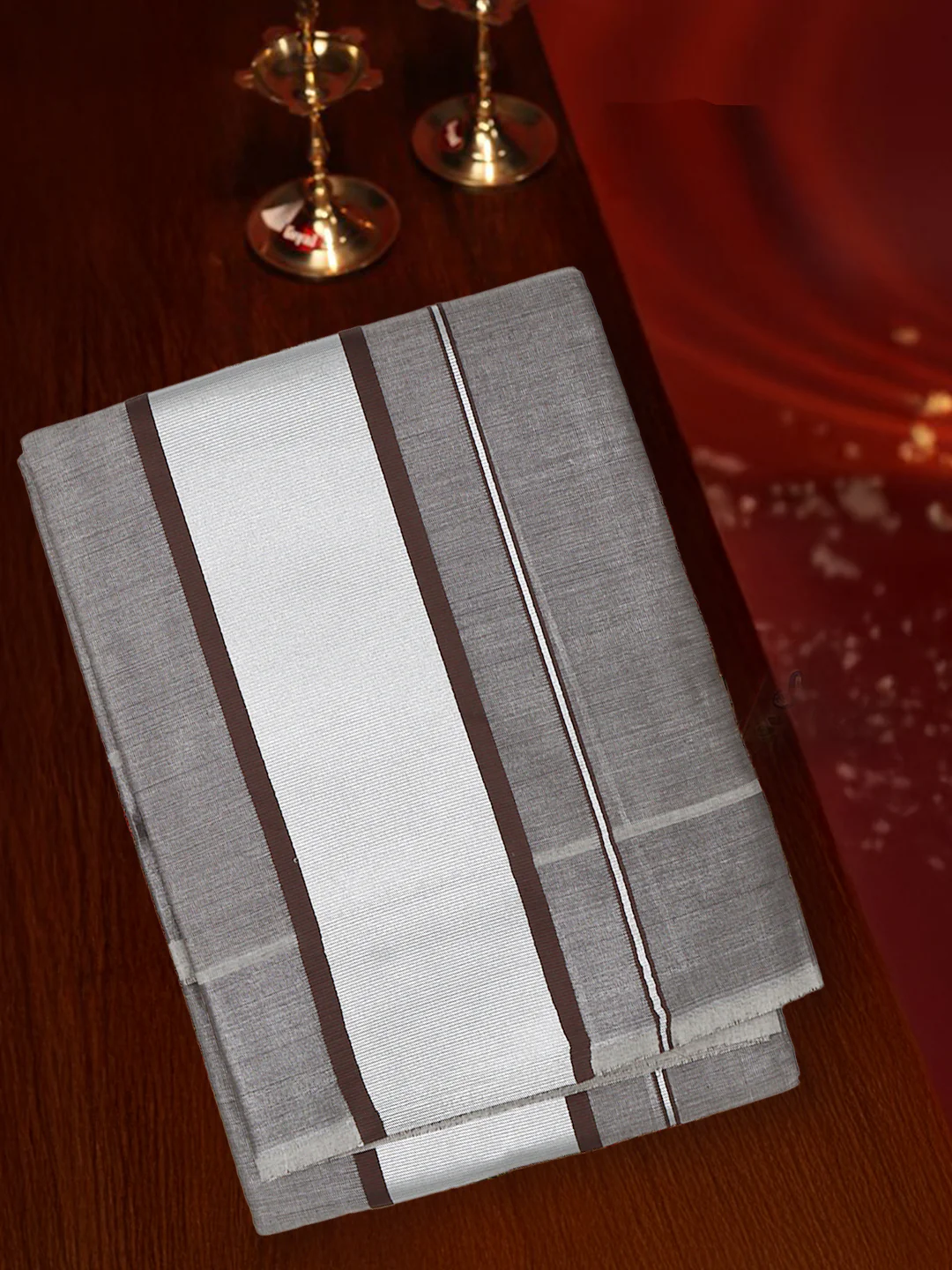 Tissue Silver Jari Border Panchakacham with Angavasthram Set (9+5) Gangotri GGC02 - Image 2