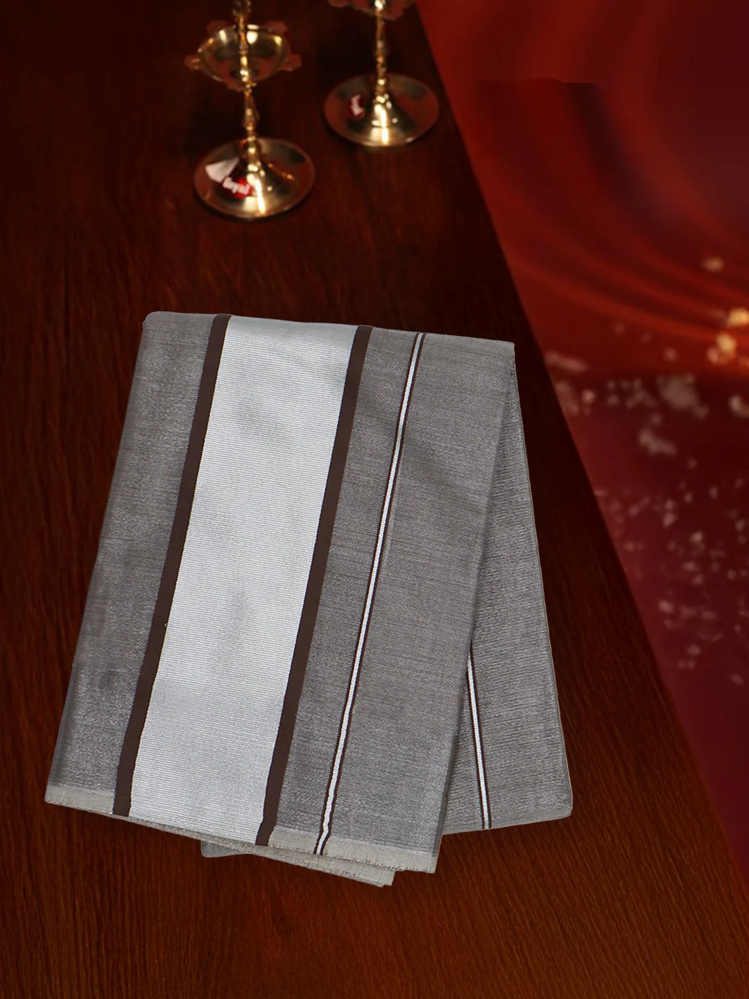 Tissue Silver Jari Border Panchakacham with Angavasthram Set (9+5) Gangotri GGC02 - Image 4
