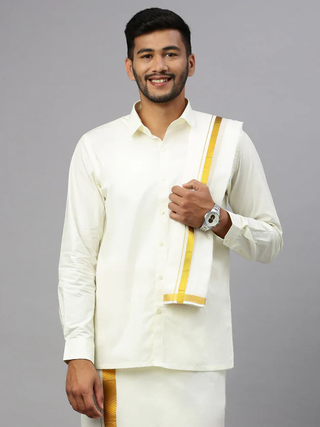 Men Cream Angavashtram Towel with 1" inch Gold Jari  Border Vetha - Image 3