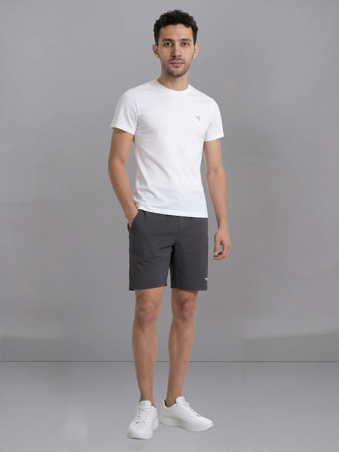 White Crew neck T-Shirt with Grey Shorts Combo ES5