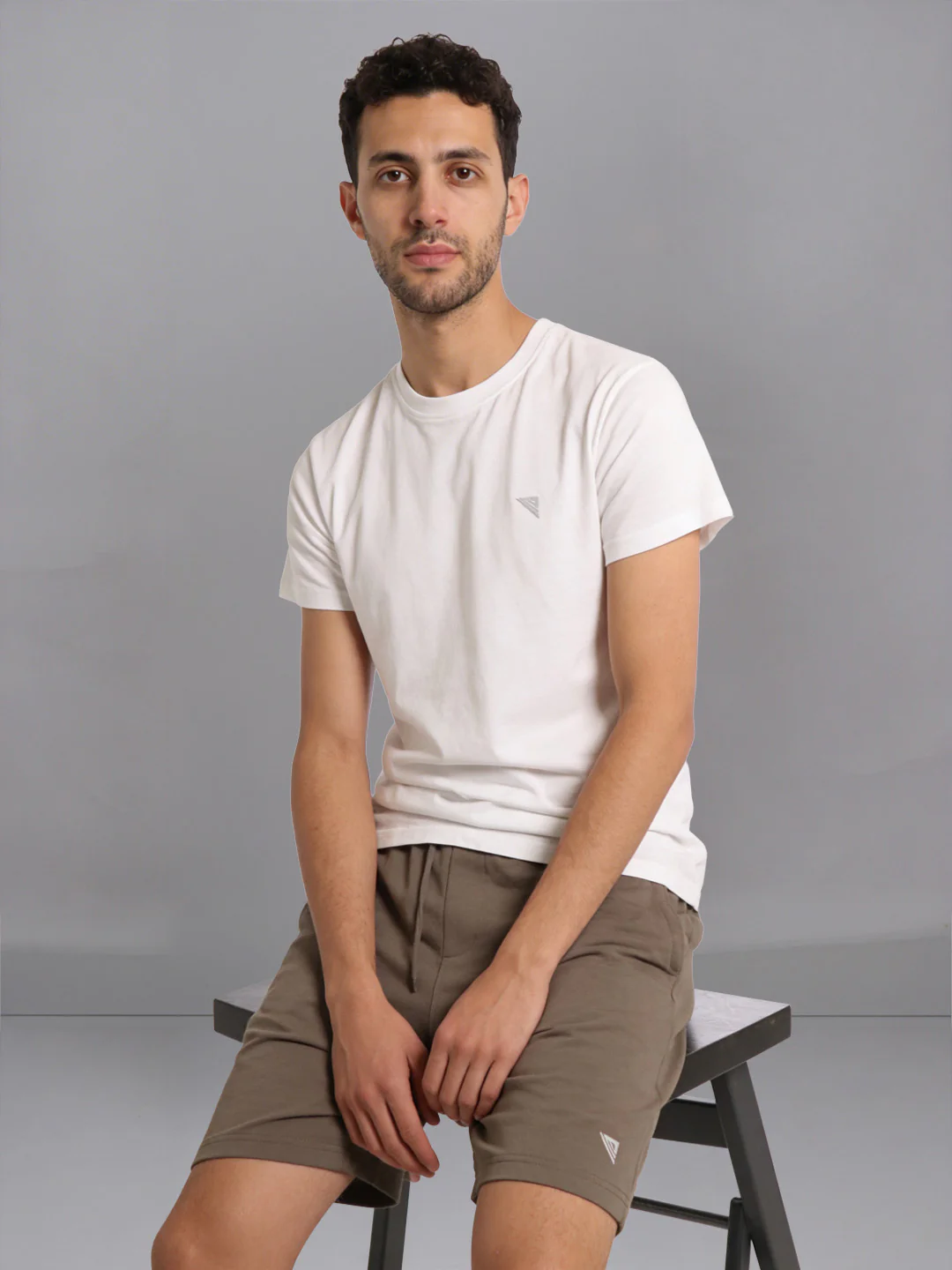 White Crew neck T-Shirt with Taupe Shorts Combo ES9 - Image 2