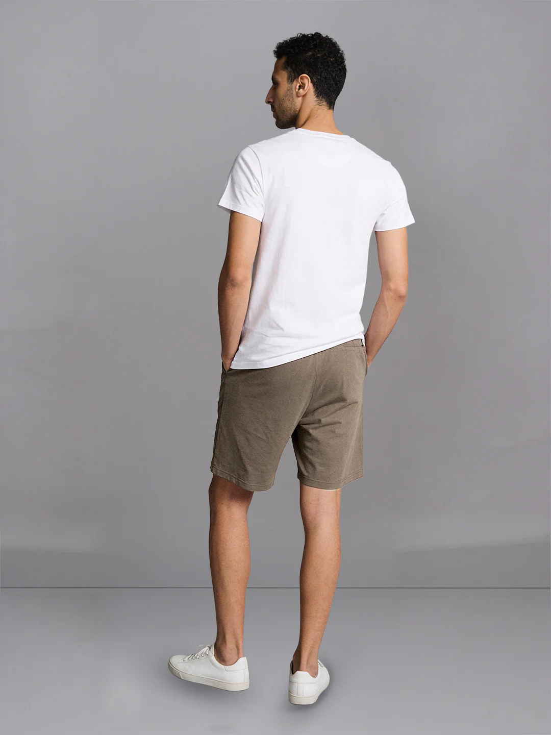 White Crew neck T-Shirt with Taupe Shorts Combo ES9 - Image 4
