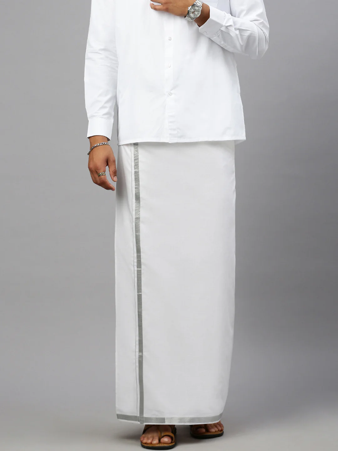 Men White Shirt with 3/4" inch Silver Jari Border Single Layer Dhoti Combo Silvertone - Image 5