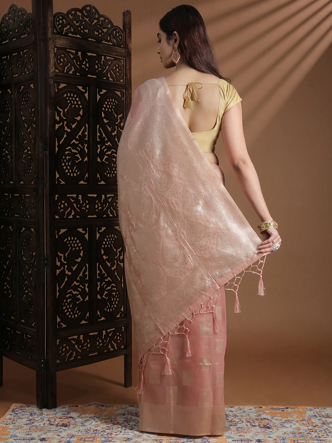 Women Baby Pink Cotton Weaving Saree PCS262 - Image 3