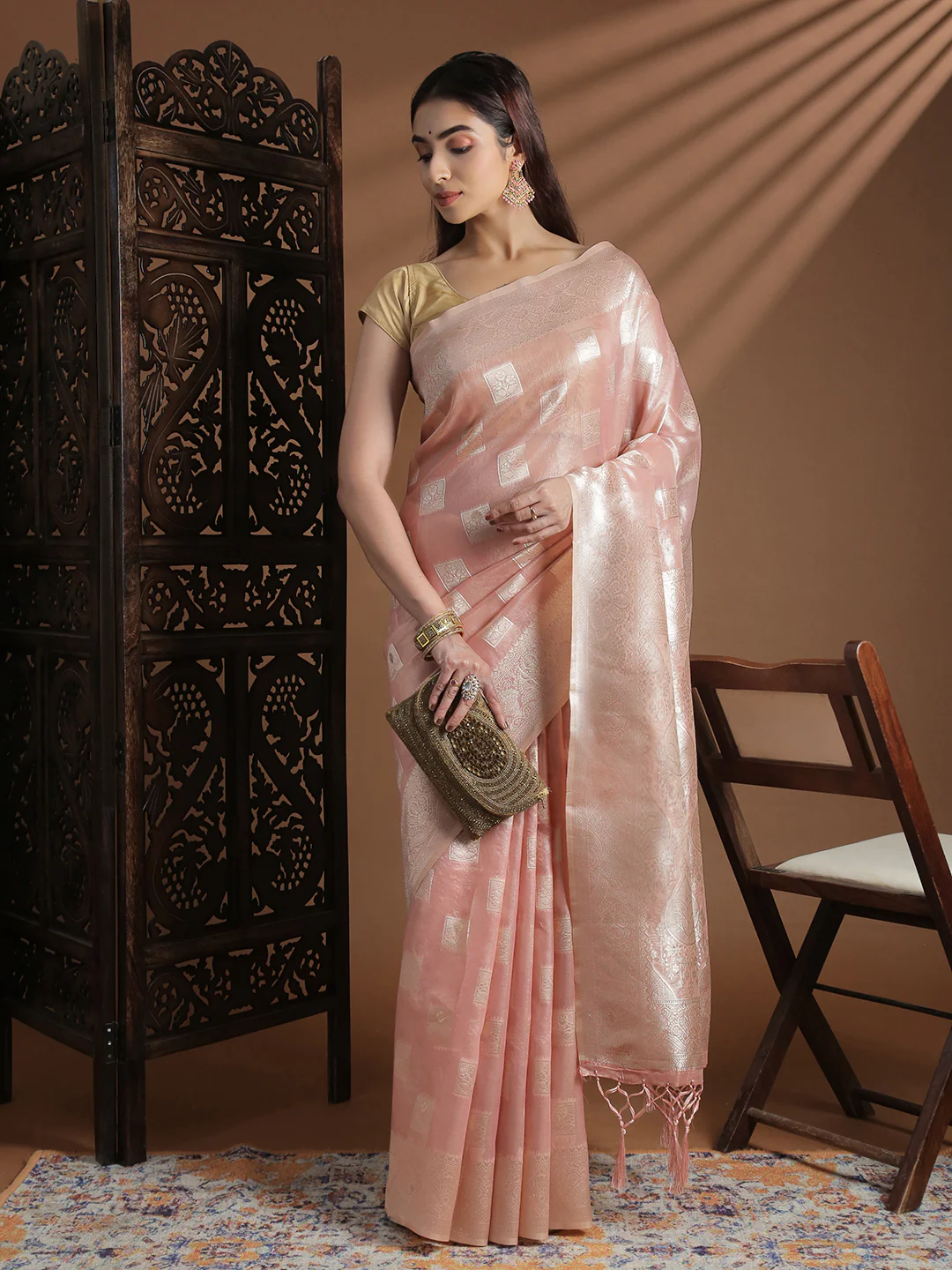 Women Baby Pink Cotton Weaving Saree PCS262 - Image 4