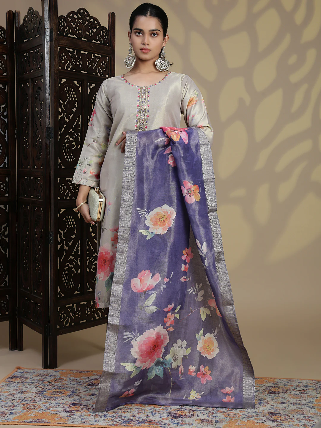 Women Beige Grey MM Silk Printed Kurti Set EKS100 - Image 2