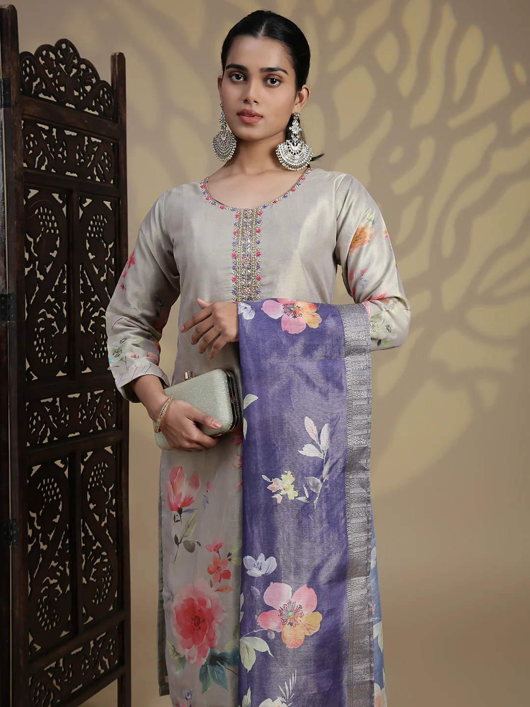 Women Beige Grey MM Silk Printed Kurti Set EKS100 - Image 3