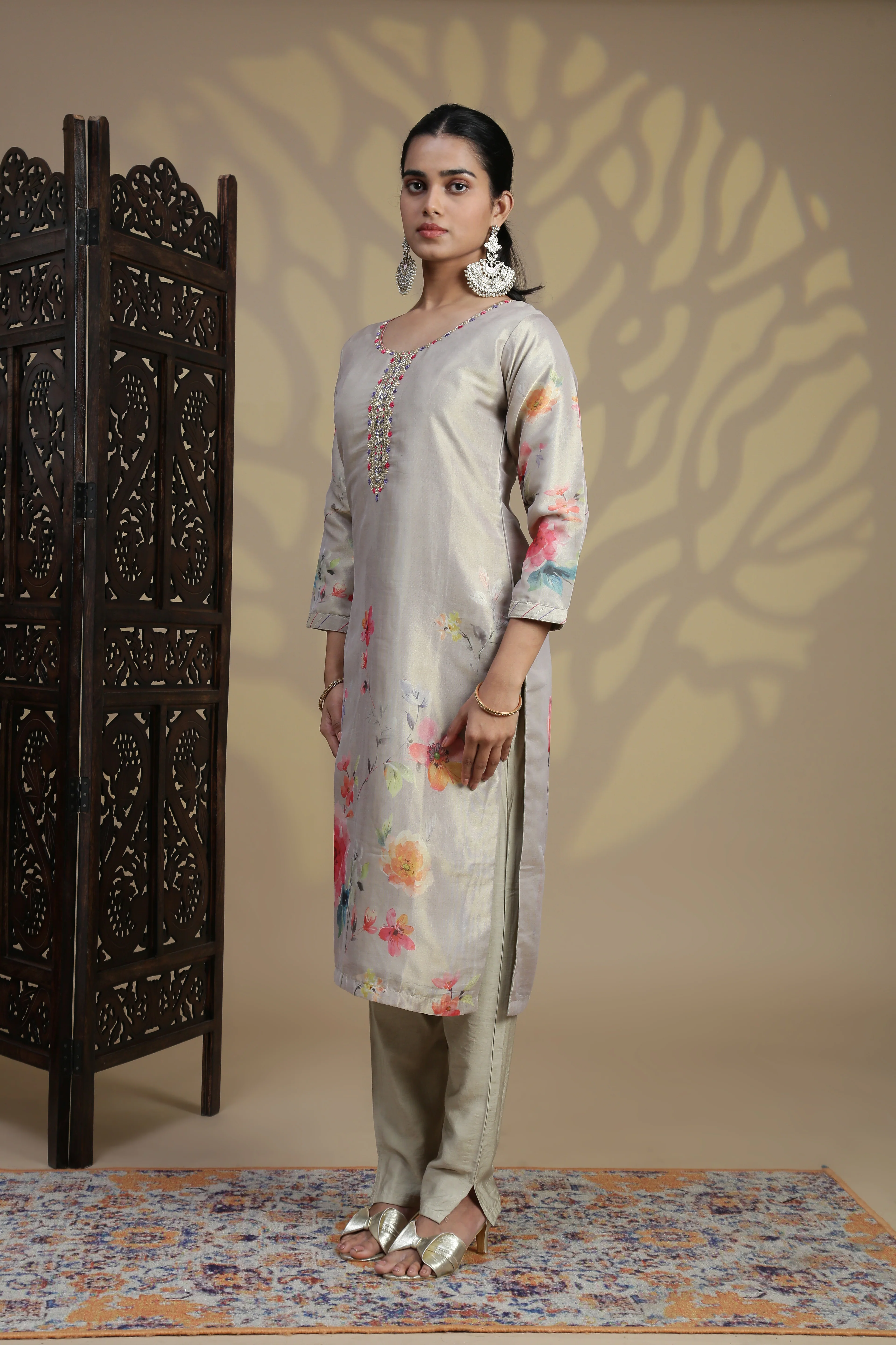 Women Beige Grey MM Silk Printed Kurti Set EKS100 - Image 4