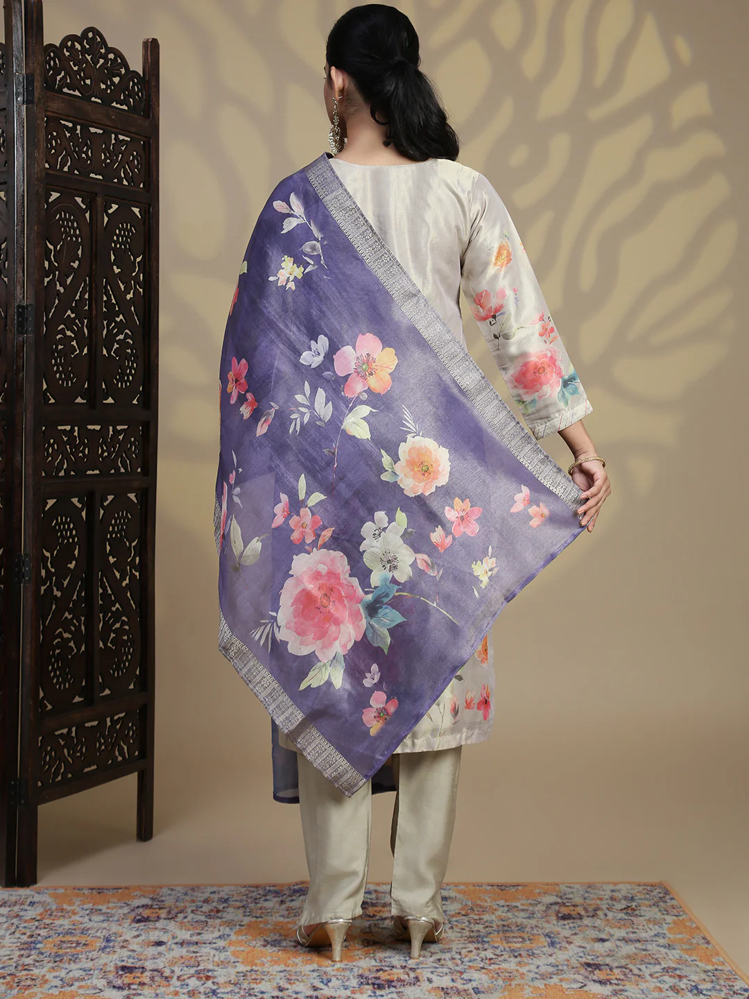 Women Beige Grey MM Silk Printed Kurti Set EKS100 - Image 5