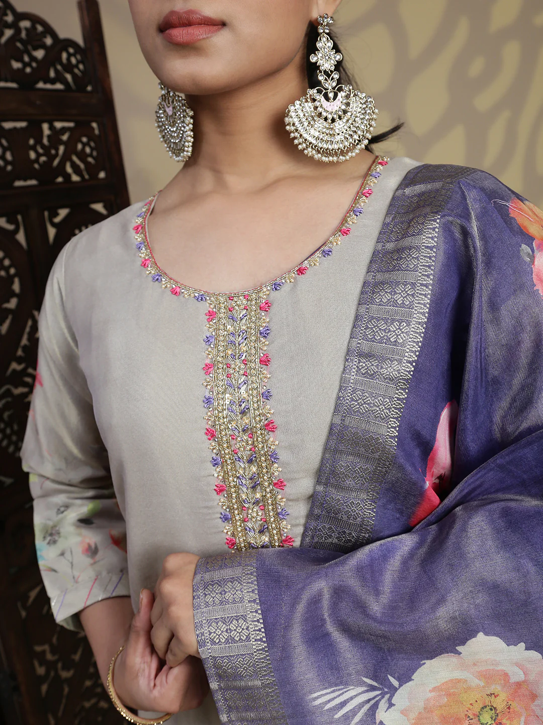 Women Beige Grey MM Silk Printed Kurti Set EKS100 - Image 7