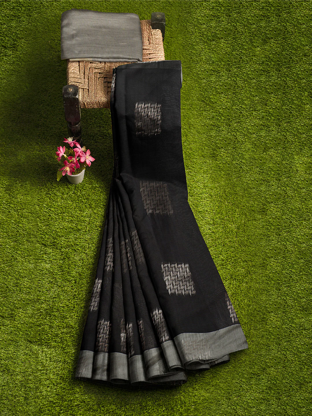 Women Black Kotta Cotton Saree PCS187 - Image 3