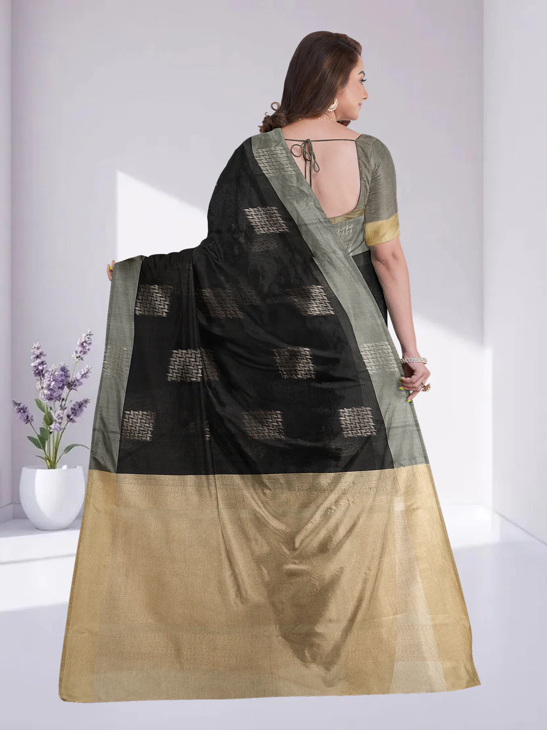 Women Black Kotta Cotton Saree PCS187 - Image 5