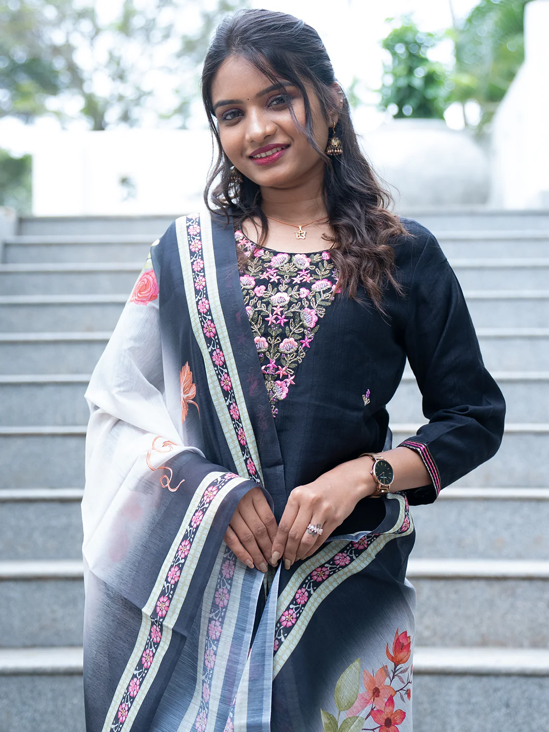 Women Black MM Silk Embroidered Kurti Set EKS106 - Image 2