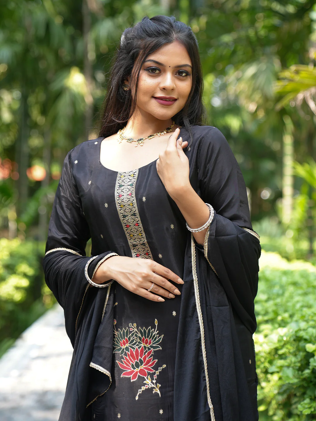 Women Black MM Silk Embroidery Kurti Set EKS104 - Image 2
