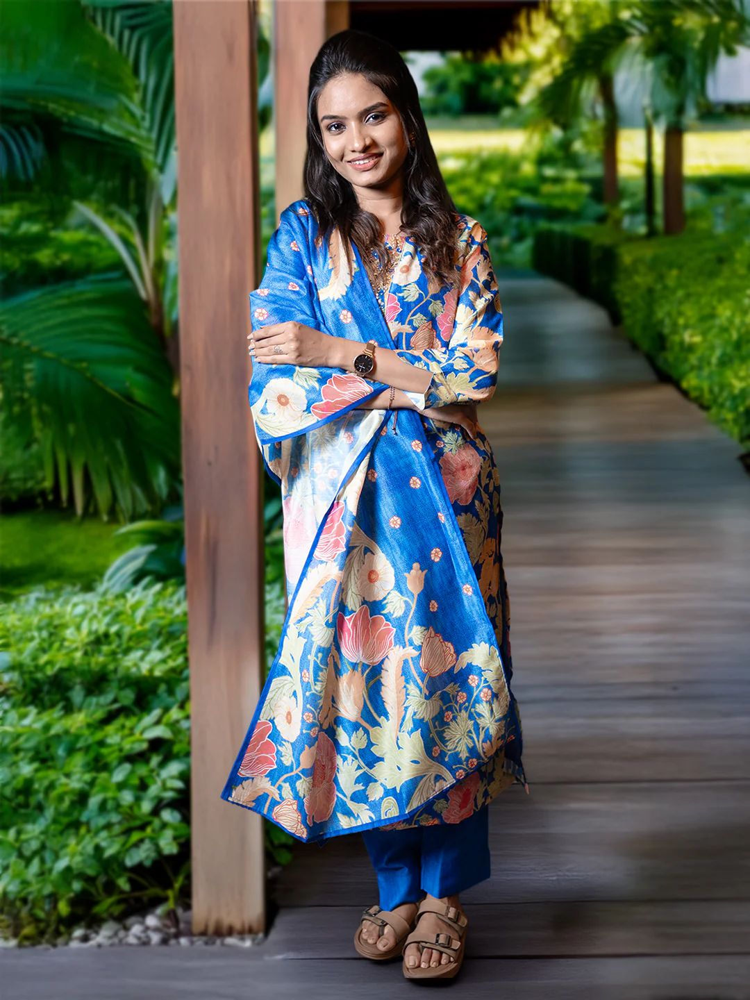 Women Blue Cotton Mix Weaving Printed Kurti Set EKS113 - Image 3