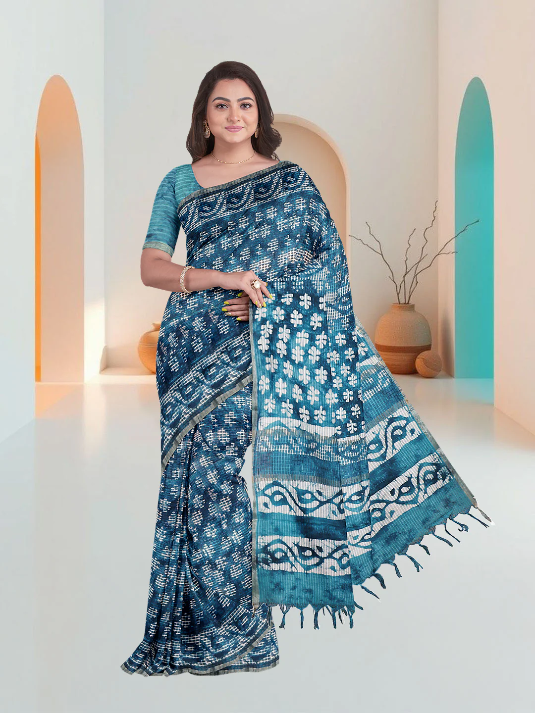 Women Blue Fancy Cotton Saree SS362