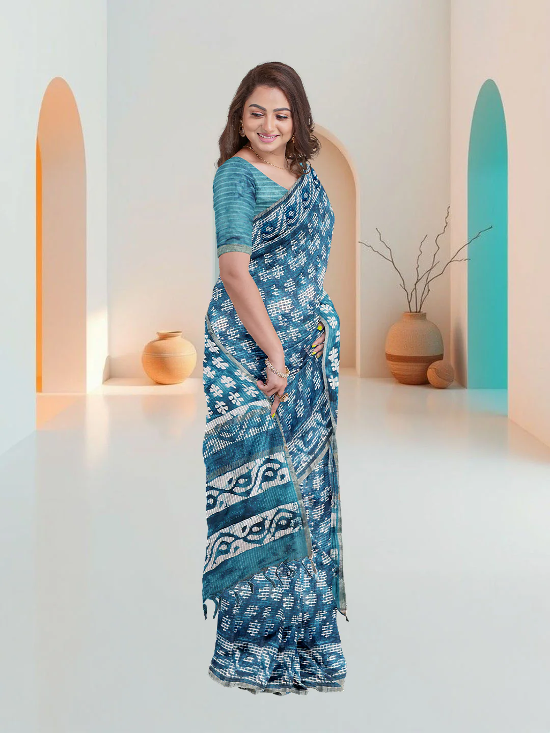 Women Blue Fancy Cotton Saree SS362 - Image 2
